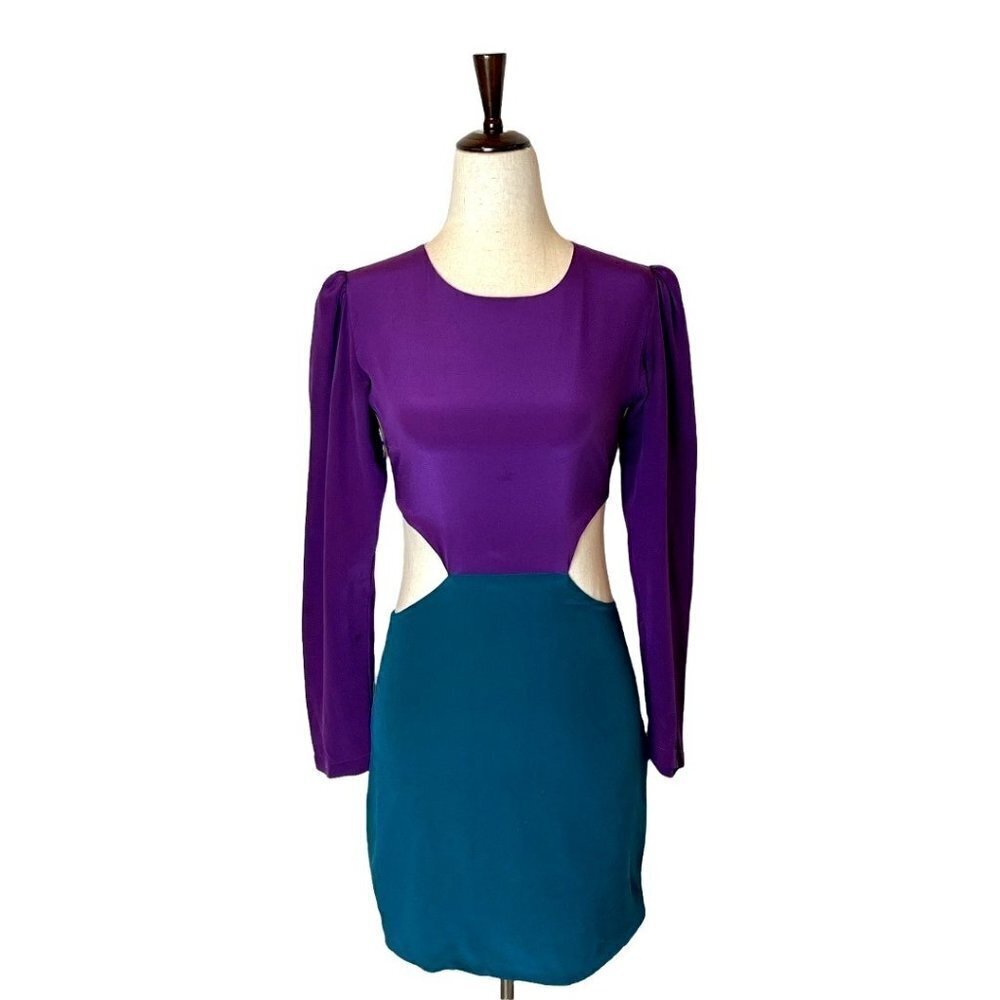 Naven Dress Women Small Purple Turquoise Silk Long Sleeve Cut Out Mini Revolve